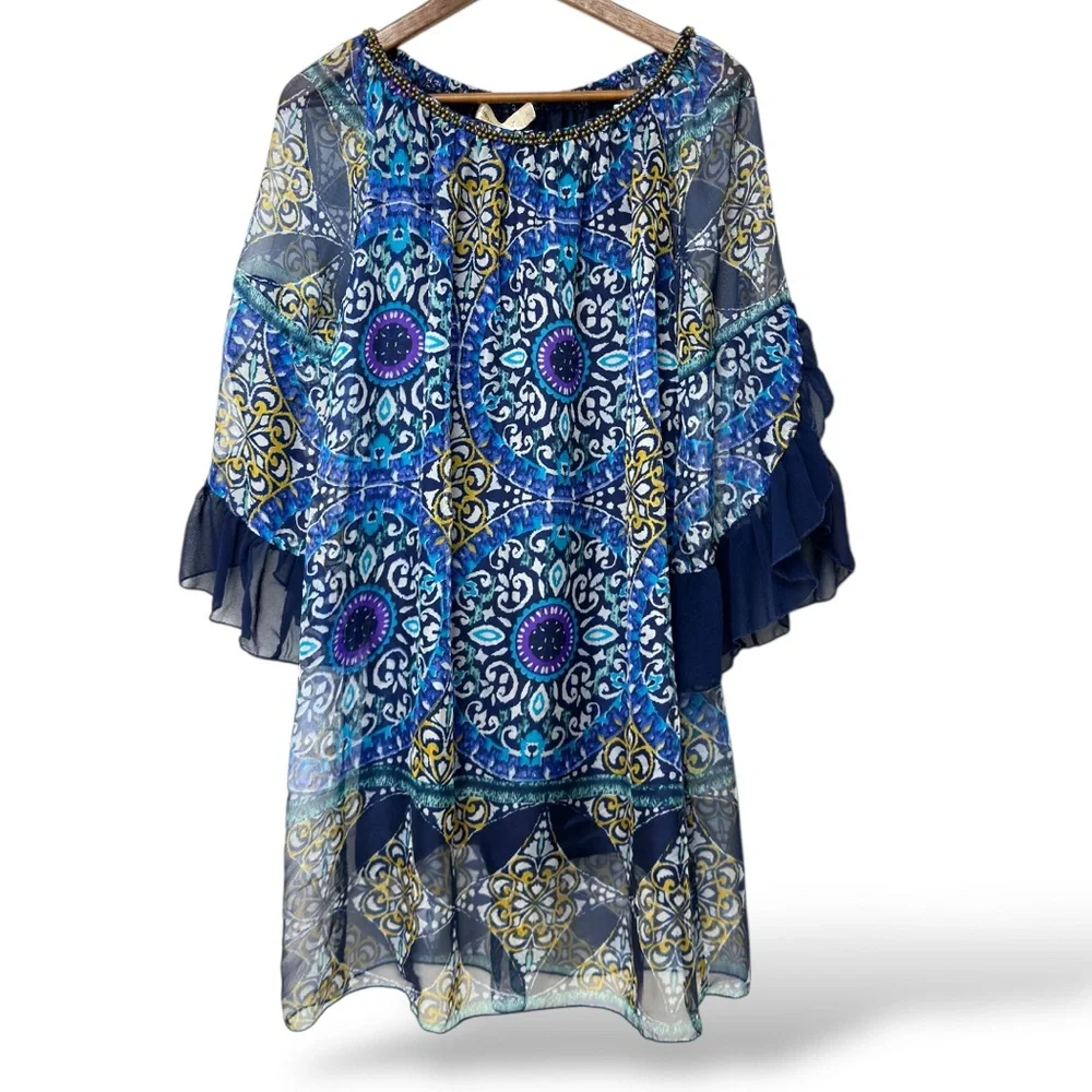 Urban Mangoz Blue Women’s‎ size L Bohemian Patterned Tunic Dress (D11)